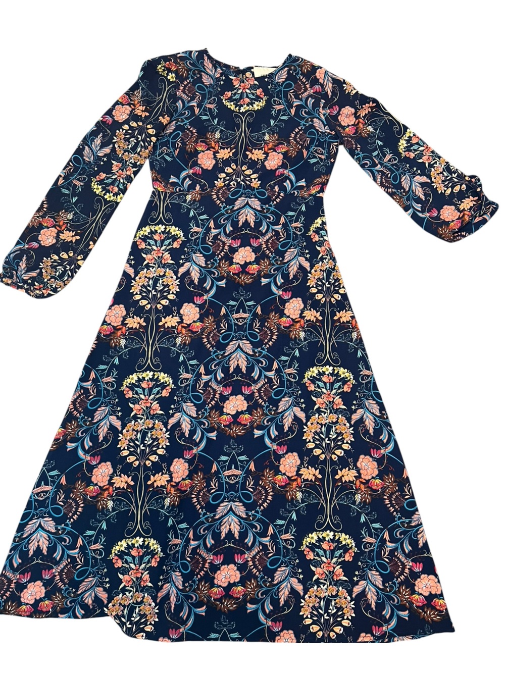 Floral Long-Sleeve Midi Dress in Navy by I. Madeline XS EUC - Picture 6 of 6